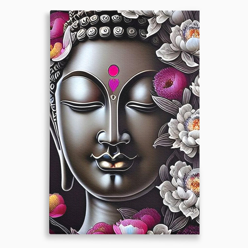 Tablou canvas cu tablou canvas cu chipul lui buddha si flori, fara rama, pe sasiu de lemn